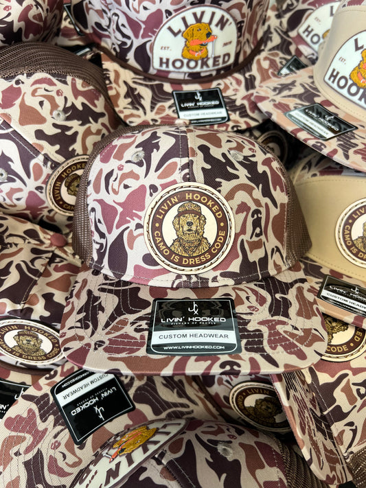 TRUCKER HAT: DOG CAMO “Ritz” Leather